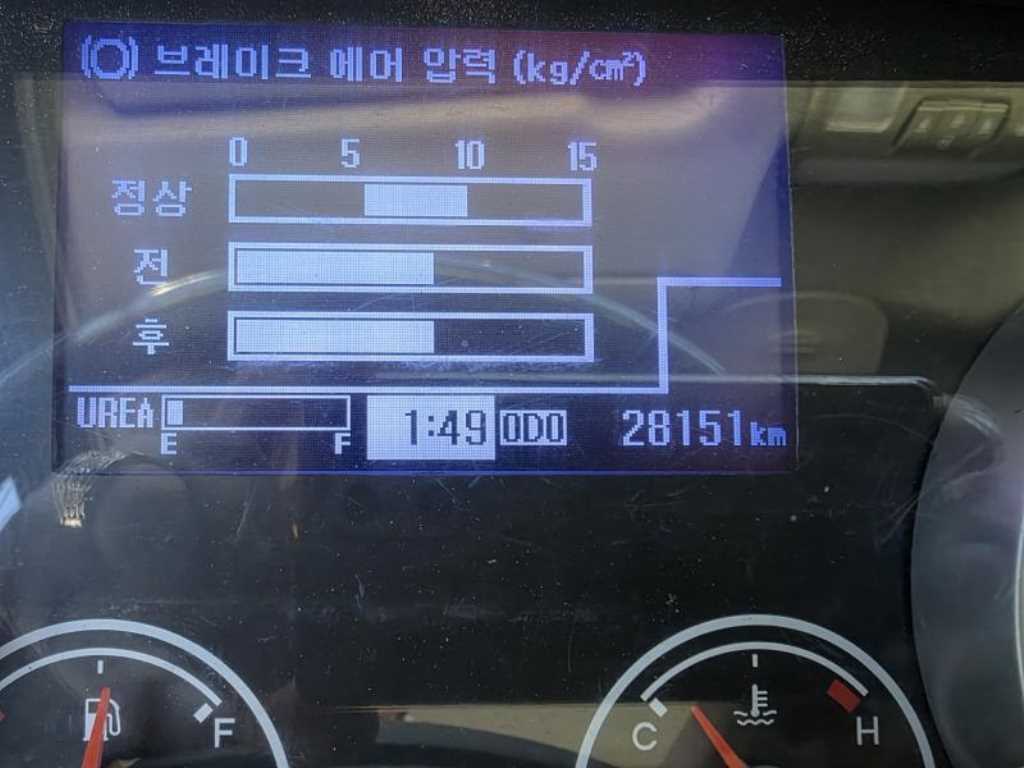 현대 메가트럭 5톤 카고크레인 2017년식 계기판 주행거리와 에어 압력