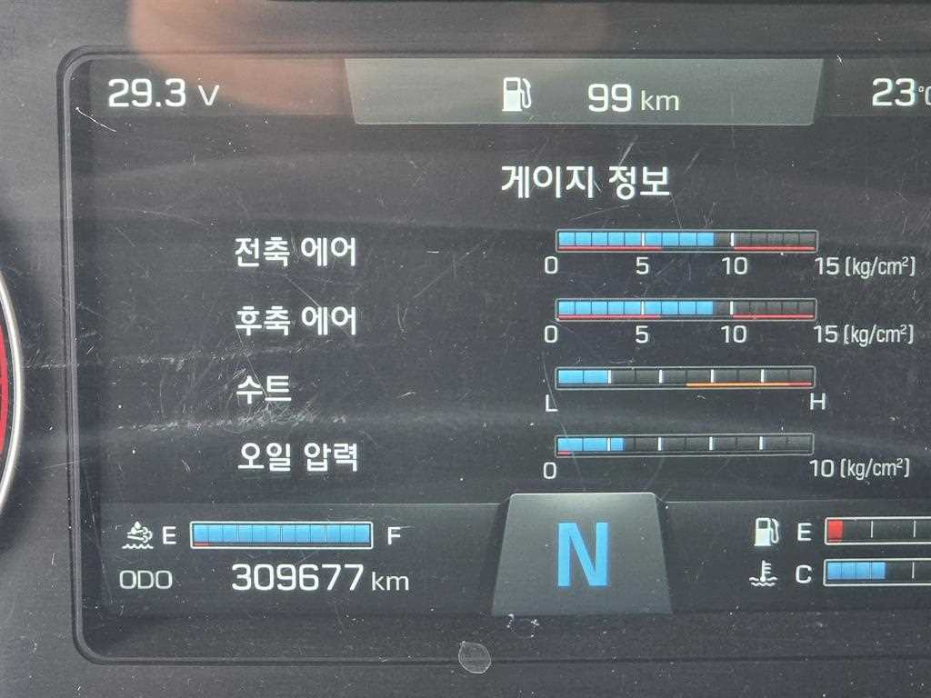 현대 파비스 5.5톤 카고 2023년식 계기판 게이지 정보와 주행거리